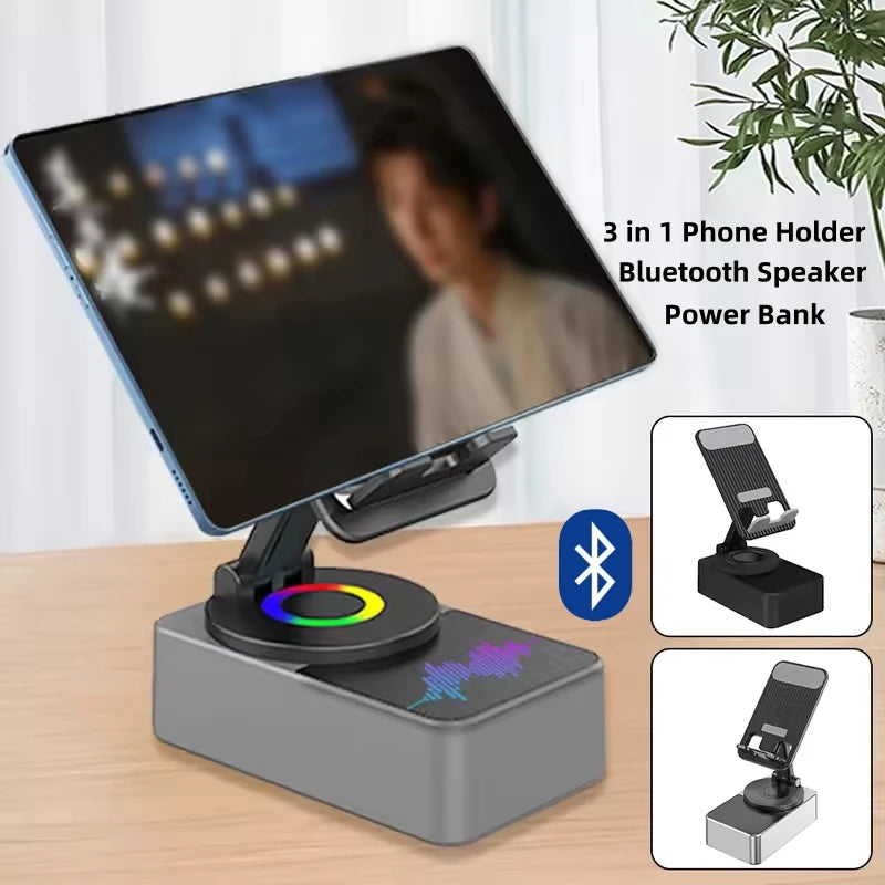 3 in 1 Collapsible Phone Holder with Bluetooth speaker, power bank, 360-degree rotation stand for tablets and mobile phones