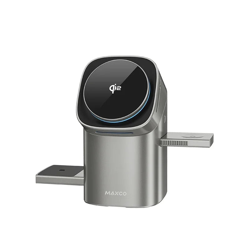 Qi2 Auto-Rotate Touch 3-in-1 wireless charger in interstellar gray for iPhone, iWatch, and AirPods fast charging 15W