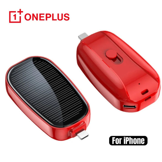 Red OnePlus solar mini power bank key ring portable charger for iPhone with 1200mAh capacity and built-in solar panel