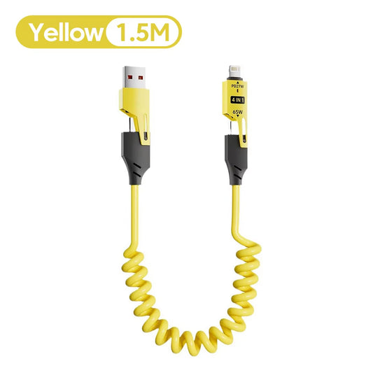 Yellow 1.5M coiled USB-C cable with 65W SuperFlash charging for fast power delivery and multi-device compatibility