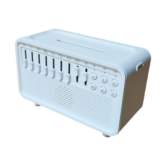 White noise Bluetooth speaker with multiple sleep sounds and timer controls in compact white design