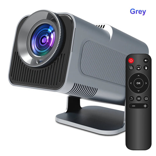 Grey Android 11 system projector with 4K HD, Wifi6, BT5.0, 1920x1080P resolution and remote control